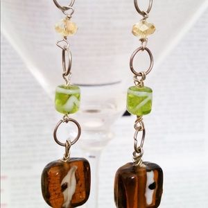 Brown, green lamp work and Gold Swarovski earrings
